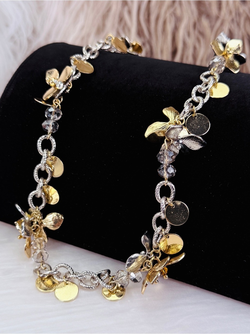 Beautiful goldtone, silvertone flower chain, long layering costume necklace